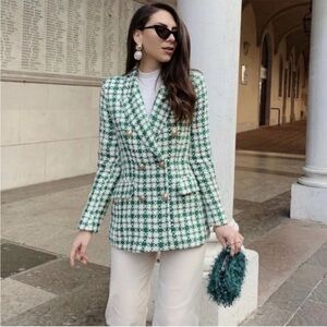 Zara Double Breasted Texture Weave Blazer Jacket Houndstooth Tweed Metallic